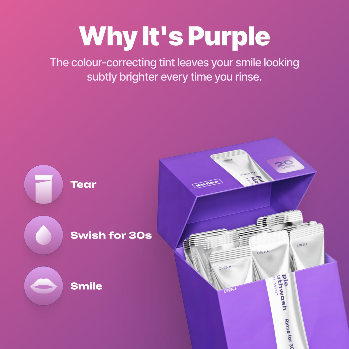 Purple Color Correcting Mouthwash Packets | Instant Teeth Whitening & Enamel Safe